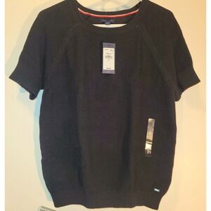 Tommy Hilfiger Sweater Short Sleeve 100% Cotton Waffle Knit Black Sz Small‎ NEW